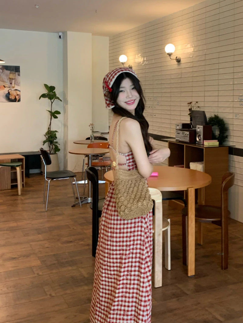 LIZAKOSHT  -  Sexy Backless Red Plaid Dress Women Summer Sweet Skinny Spaghetti Strap Dress Pretty Style Chic Elegant Party Night Vestidos
