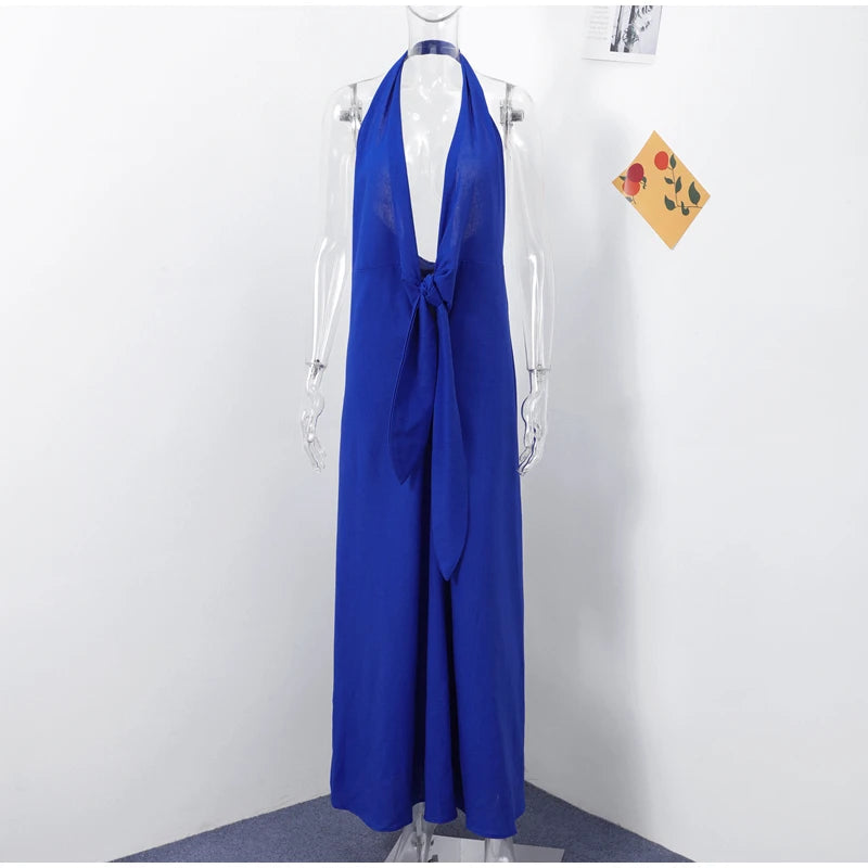 LIZAKOSHT  -  Halter Deep V Maxi Dresses For Women Fashion Sleeveless Neck Backless Long Dress Summer Sexy Elegant High Waist Party Robe