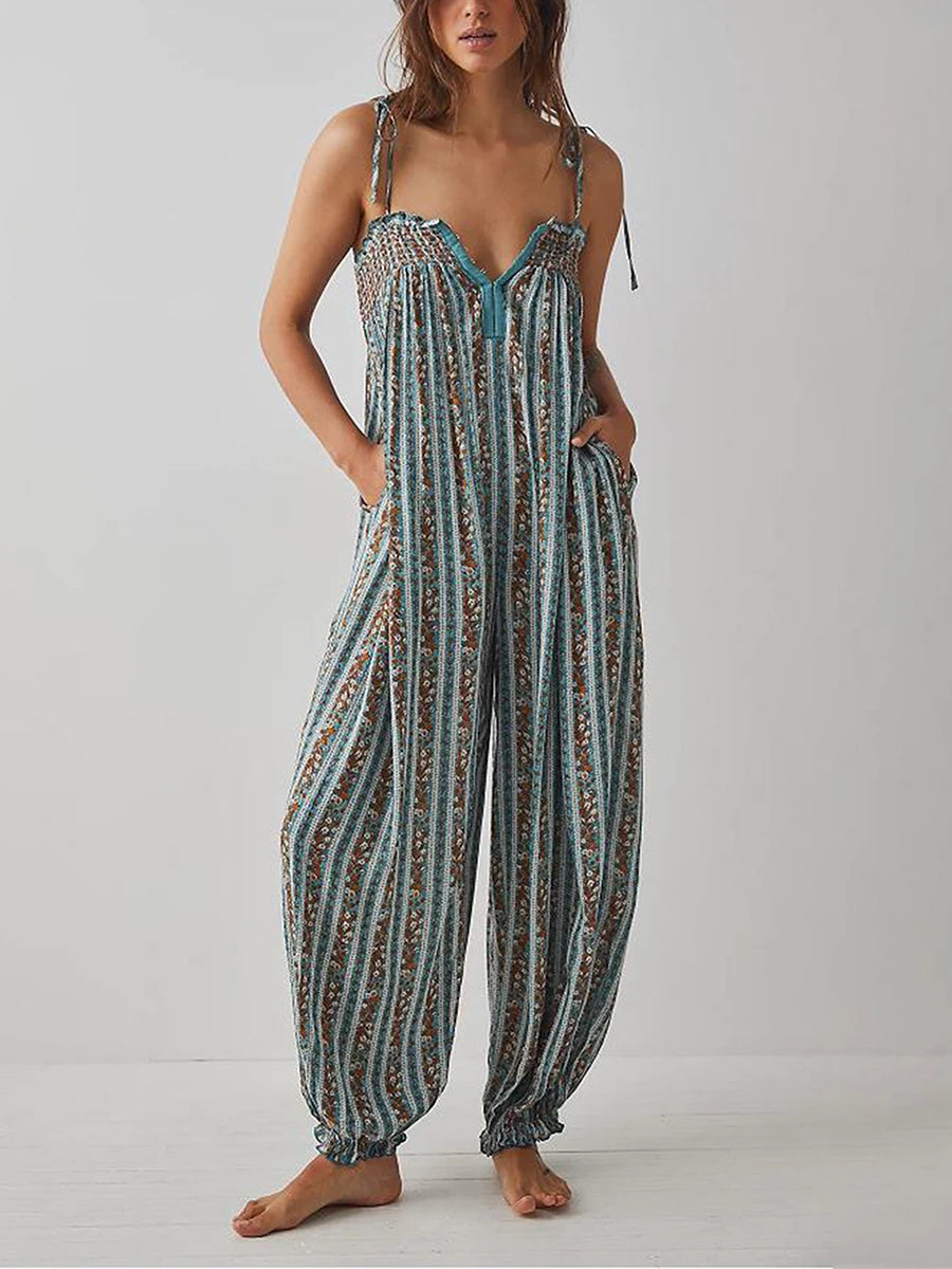 LIZAKOSHT  -  Women Summer Cami Jumpsuits Retro Floral Print Tie-Up Spaghetti Strap Sleeveless Long Rompers Fashion Loose Playsuits