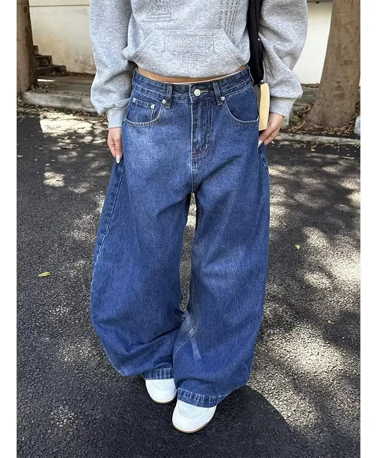 LIZAKOSHT  -  Washed American Style Wide Leg Jeans High Waist Straight Cut Commute Elegant High Quality Cotton Polyester Blend No Stretch