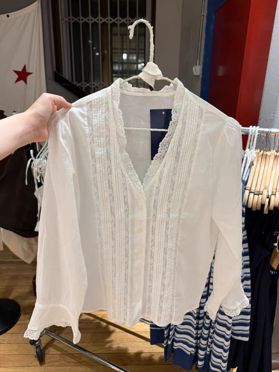 LIZAKOSHT  -  Lace Patchwork Long Flare Sleeve T-shirt Blouse Woman Autumn V-neck Single Breasted See Through Cotton Shirts White Thin Tees