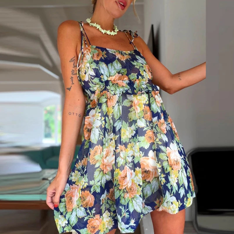 LIZAKOSHT  -  Sexy Off Shoulder Bow Tie-Up Vacation Dress Elegant Sleeveless Floral Print Short Dress Women Fashion Ruffled Pleat Mini Dresses