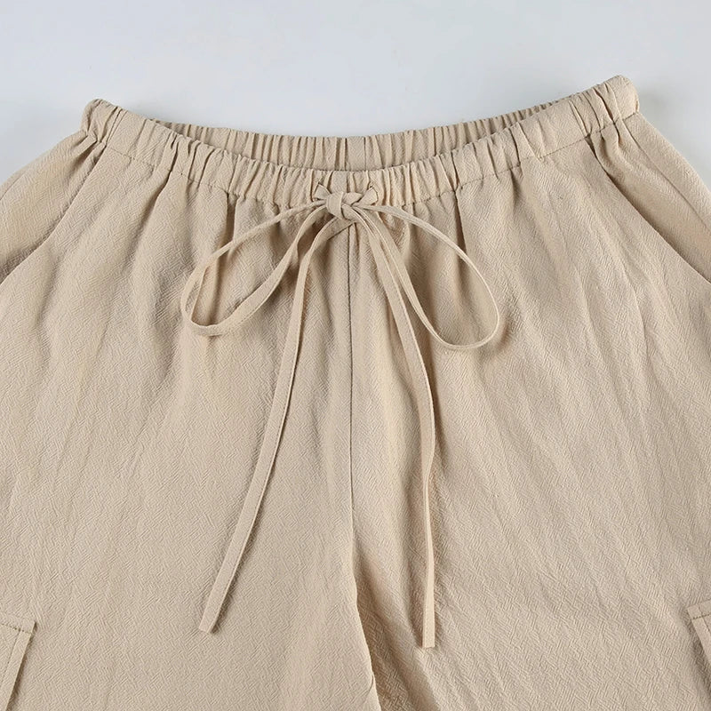 LIZAKOSHT  -  Casual Basic Solid Big Pockets Wide Leg Pants Loose Bandage Low-Waisted Straight Pants Women Autumn Spring Fashion