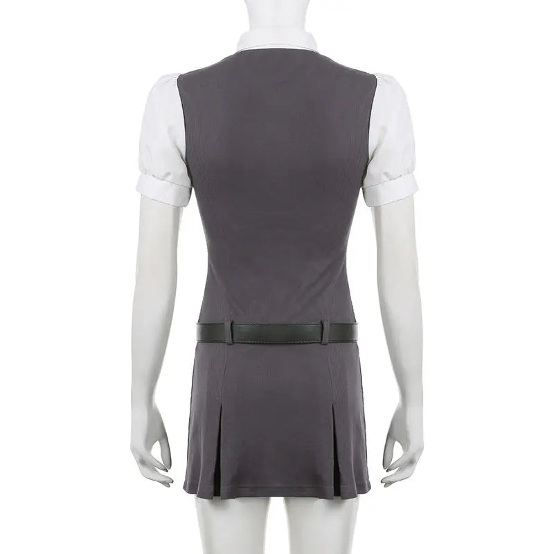 LIZAKOSHT  -  Dress Fake Two-Piece Contrasting Color Polo Collar Bow Belt American Preppy Style Female Slimming Hot Girl Short Skirt