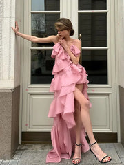 LIZAKOSHT  -  Solid Color Ruffle Camisole Long Dress Woman V Collar Irregular Backless Maxi Dress Lady New Design Street Party Vestidos
