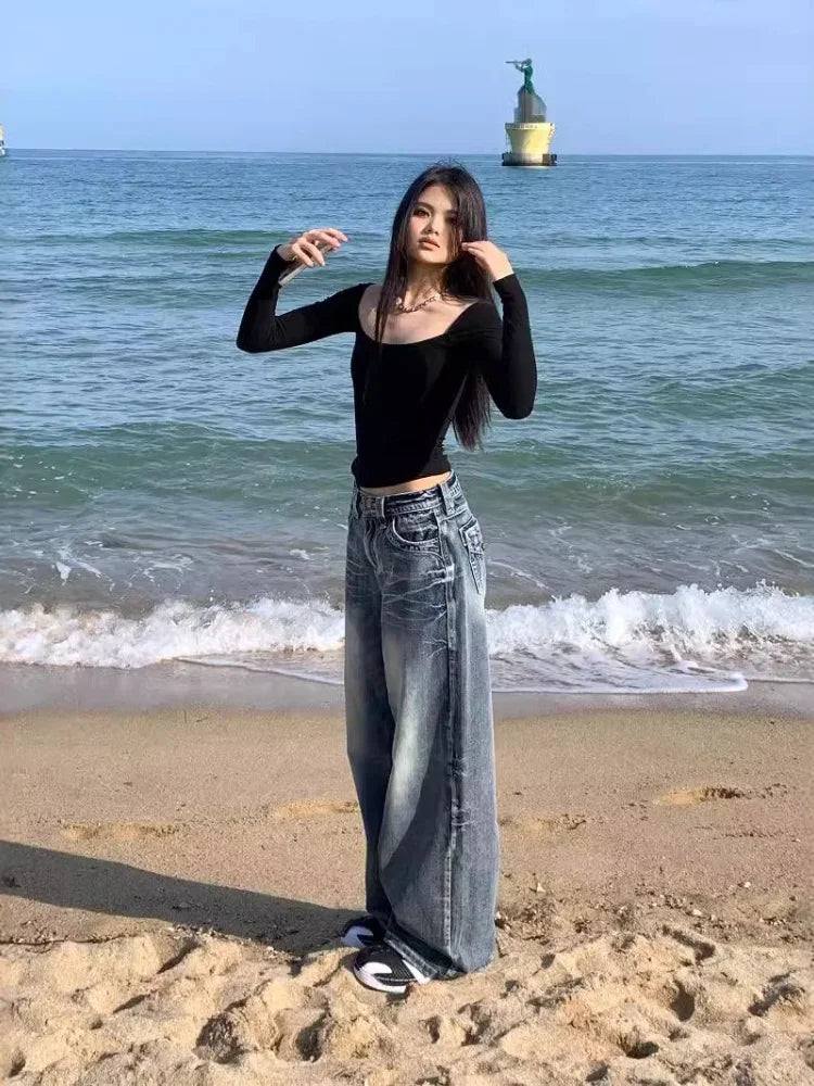 LIZAKOSHT  -  Y2k Vintage 90s Streetwear High Waist Wide Leg Pants American Retro Grunge Casual HipHop Oversized Baggy Denim Pant 2024