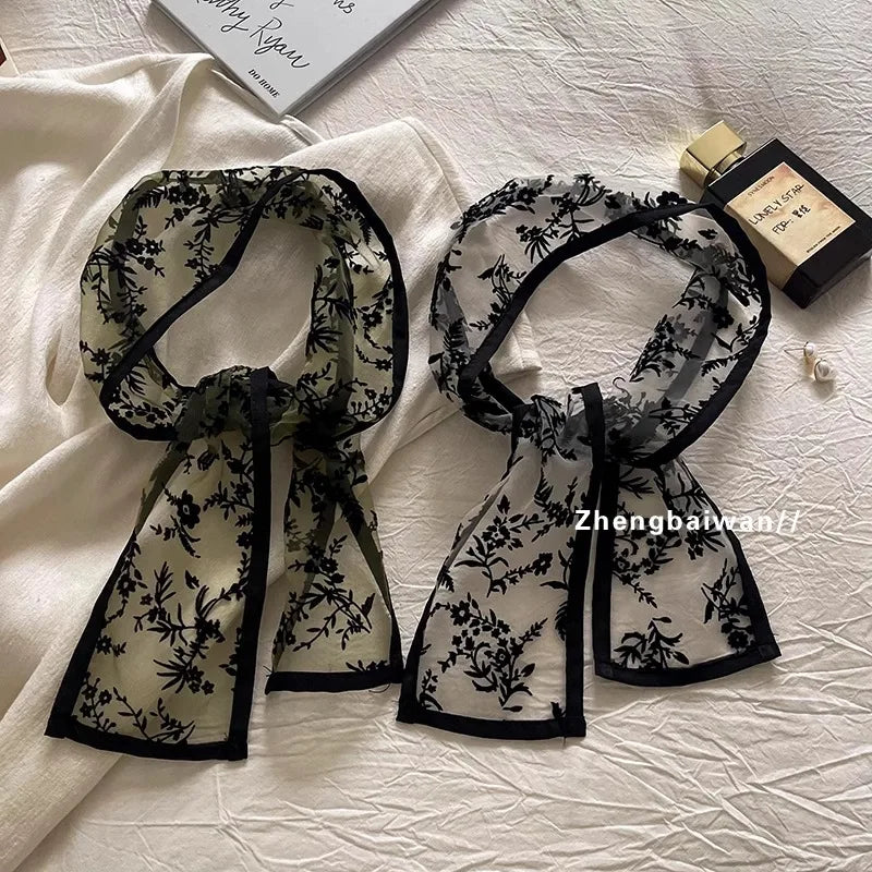 LIZAKOSHT 2024 Spring Summer Retro French Lace Scarf Women's Black Flocking Small Fragrant Wind Ribbon High end Small Scarf Headband