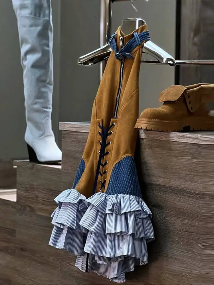LIZAKOSHT  -  Color-Block Denim & Canvas Corset Ruffle Mini Dress Halter Neck Lace-Up Zipper Front Layered Summer Edgy Retro Women Outfit