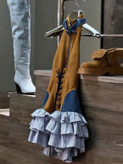 LIZAKOSHT  -  Color-Block Denim & Canvas Corset Ruffle Mini Dress Halter Neck Lace-Up Zipper Front Layered Summer Edgy Retro Women Outfit