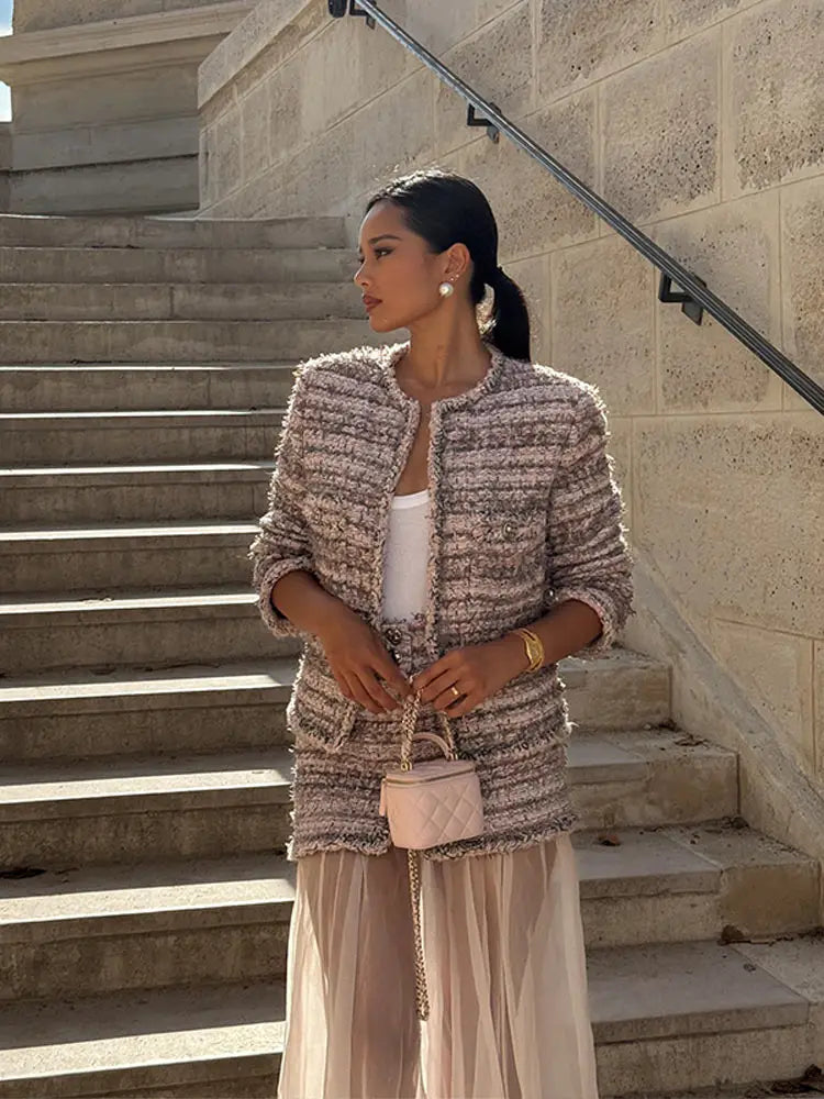 LIZAKOSHT  -  Tweed Coats Skirts Sets Women O Neck Long Sleeves High Waist Patchwork Mesh Suits Female New Chic Street Sets 2 Pieces