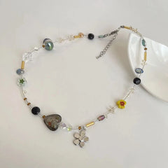 LIZAKOSHT  -  New Korean Flower Heart Beaded Necklace Women Crystal Class Gravel Clavicle Chain Cool Y2K Choker Exquisite Fashion Jewelry