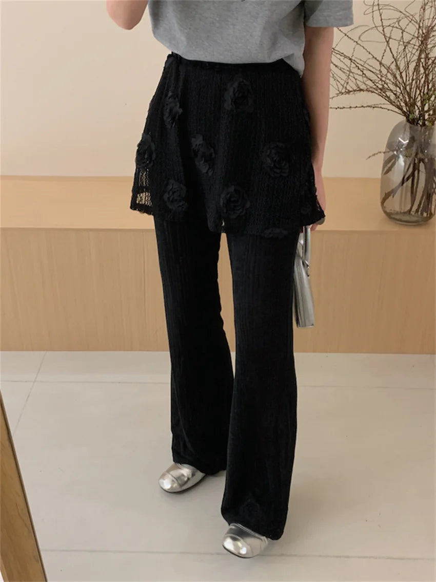 LIZAKOSHT  -  New Slim Flare Fake Two Piece Trousers Women Loose Wide Leg All Match High Street Summer Chic Pants Florals Casual