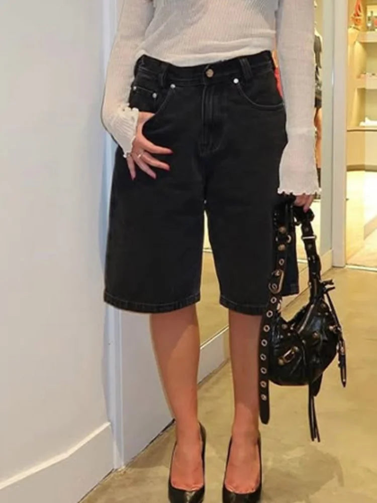 LIZAKOSHT  -  Denim Solid Casual Shorts Women Wide Leg High Wwaist Buggy Straight Short Jeans Female 2025 Summer Street Pocket Zipper Pants