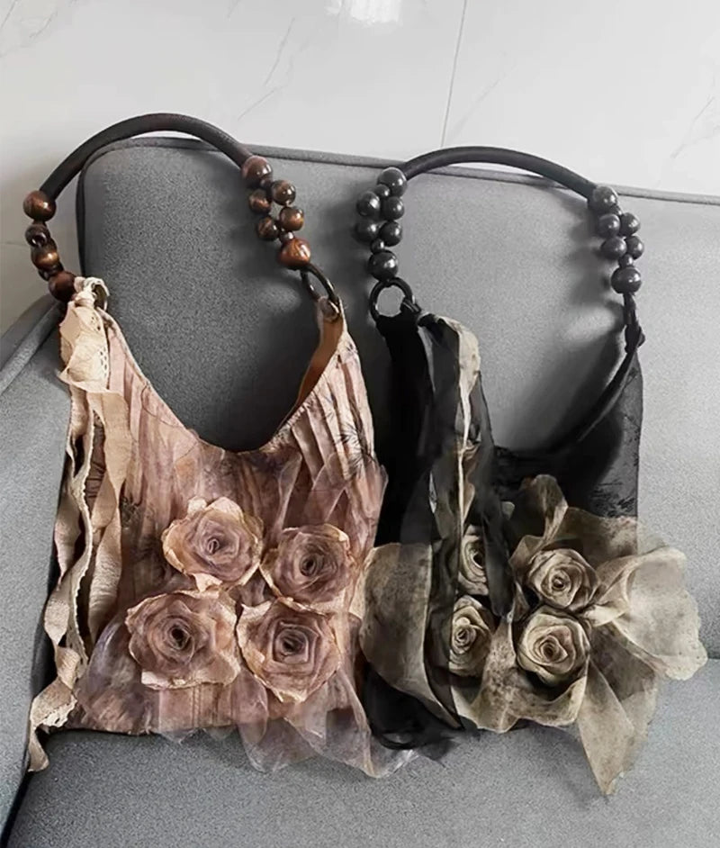 LIZAKOSHT  -  Chinese Style Appliques Flowers Bag For Women Luxury Designer Handbags Purses 2024 New In Satin Beaded Strap Slim Cloth Shoulder
