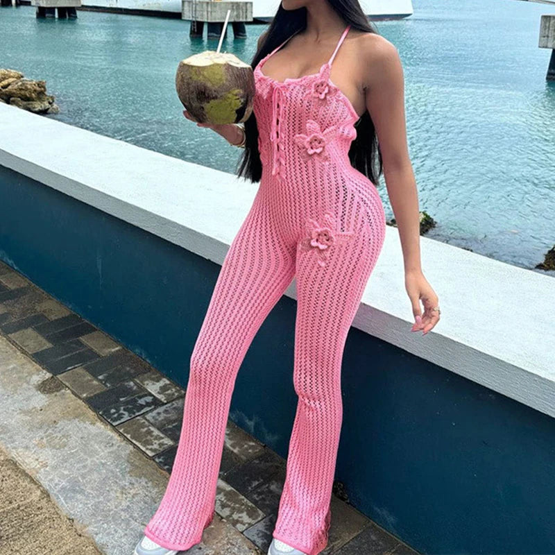 LIZAKOSHT  -  Knitted Halter High Elasticity See Through Halter Backless Solid Color Floral Appliques Club Street Low Cut Jumpsuit for Women
