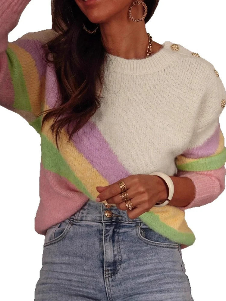 LIZAKOSHT  -  Women Casual Knitted Sweaters Elegant Shoulder Buckles Striped Patchwork Fashion Pullovers Fall Winter All Match Chic New Tops