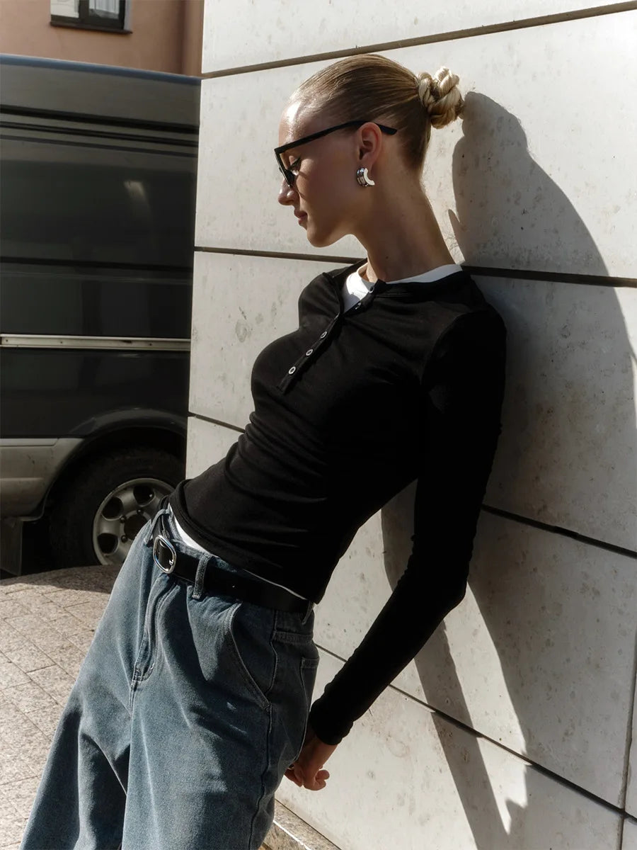LIZAKOSHT  -  Spring Casual Patchwork T-shirt Pullover For Women Long Sleeve High Waist Inner Slim Y2k Top Clothes Female Solid Tee Top