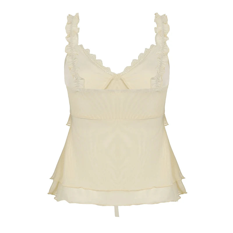 LIZAKOSHT  -  Women Boho Chic Ruffled Lace V-neck Tank Top Bow Tied Sleeveless Light Yellow Sexy Crop Tops Summer Holiday Camisole