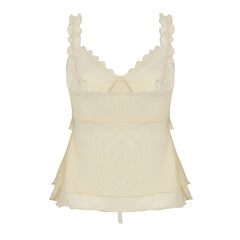 LIZAKOSHT  -  Women Boho Chic Ruffled Lace V-neck Tank Top Bow Tied Sleeveless Light Yellow Sexy Crop Tops Summer Holiday Camisole