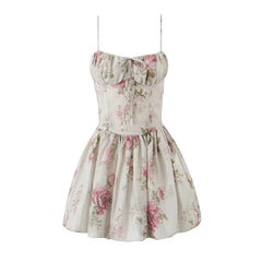 LIZAKOSHT  -  Sexy Elegant Women Spaghetti Strap Rose Floral Print Mini Dresses Summer Female Low Waist Vintage Party Robe