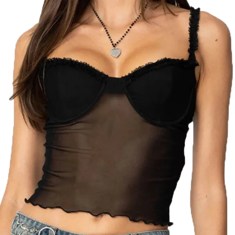 LIZAKOSHT  -  Women Leopard Print Lace Bow Edge Sexy Transparent Camisole Vest Retro Street Fashion Casual Top Daily Commuting Summer Vacation