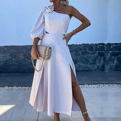 LIZAKOSHT  -  Sexy Cold Shoulder Flower Solid A-line Dress Elegant Spring Puff Sleeve Split Long Dress Women 2024 Waist Hollow Party Dress
