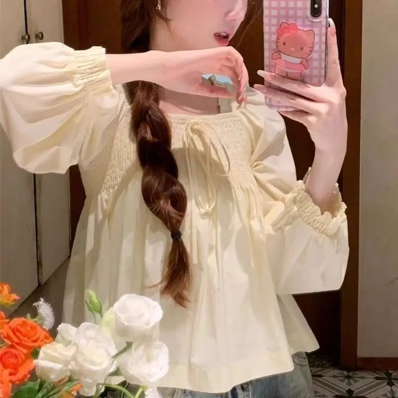 LIZAKOSHT  -  Autumn Mushroom Edge Square Neck Chiffon Long Sleeve Blouse for Women Autumn New Fashionable Unique Puff Sleeve Short Top
