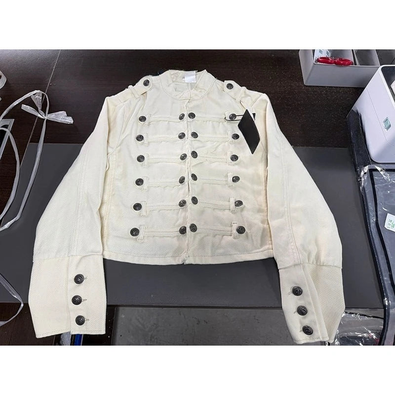 LIZAKOSHT  -   Retro Palace Style White Short Jacket Women Y2k Stand Collar Metal Button Row Petite Slim Fit Jacket Streetwear Casual Coat 2027