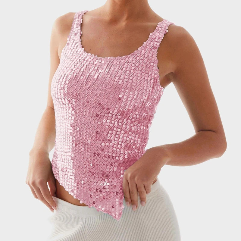 LIZAKOSHT  -  Women's Sparkly Sequins Tank Top Sleeveless Shiny Glitter Cami Top Slim Fit Vest Sexy Night Out Crop Top Streetwear