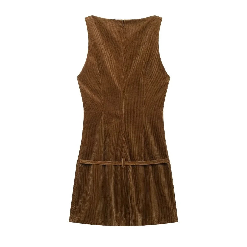 LIZAKOSHT  -  Fashion Brown Corduroy Mini Dress for Women Autumn Tank Sleeveless Belt Slim Short Dresses Ladies Streetwear