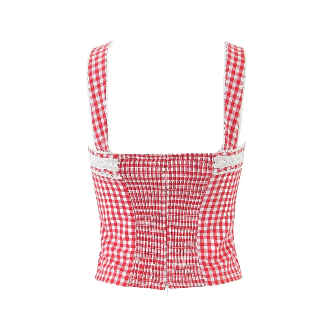 LIZAKOSHT  -  Women Strap Back Smocking Eloise Linen Top Tomato Check