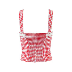 LIZAKOSHT  -  Women Strap Back Smocking Eloise Linen Top Tomato Check