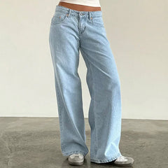 LIZAKOSHT  -  Women Jeans Low Waist Zipper Button Solid Color Trousers with Pockets for Daily Streetwear