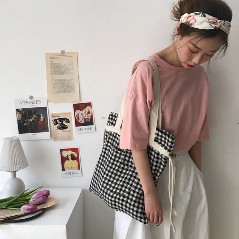 LIZAKOSHT  -  Japanese All Match Plaid Drawstring Canvas Bag Y2k Casual High Capacity Tote Bag Simple Shopping Bag Women Underarm Shoulder Bag