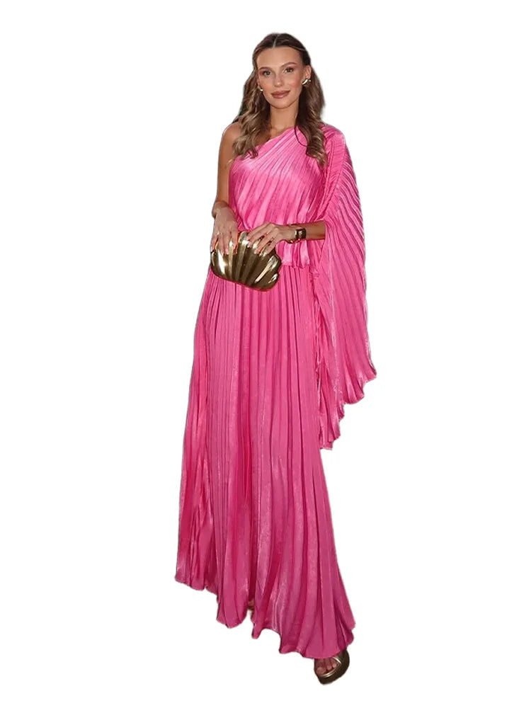 LIZAKOSHT  -  Fashion Solid Draped Tube Long Dress For Women Skew-collar Off The Shoulder Irregular Robe 2025 Summer Chic Female Party Dresses