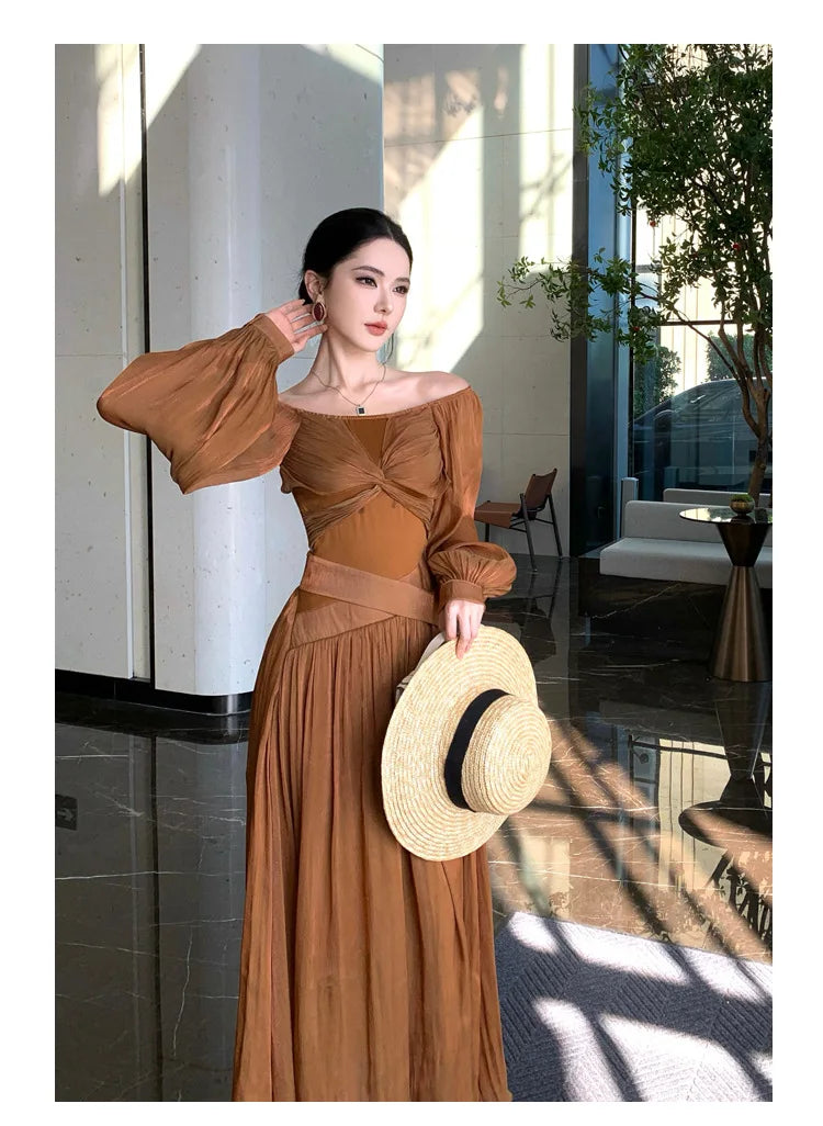 LIZAKOSHT  -  2026 French Style Glossy Lantern Sleeves Kinked Butterfly One-word Shoulder Dress Pendant Long Dress