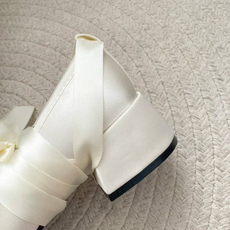 LIZAKOSHT  -  Lace Cross Strap Women Mary Jane Shoes Fashion Sweet Butterfly-knot Thick Heel Shoes Spring Autumn Ladies Elegant Dress Pumps
