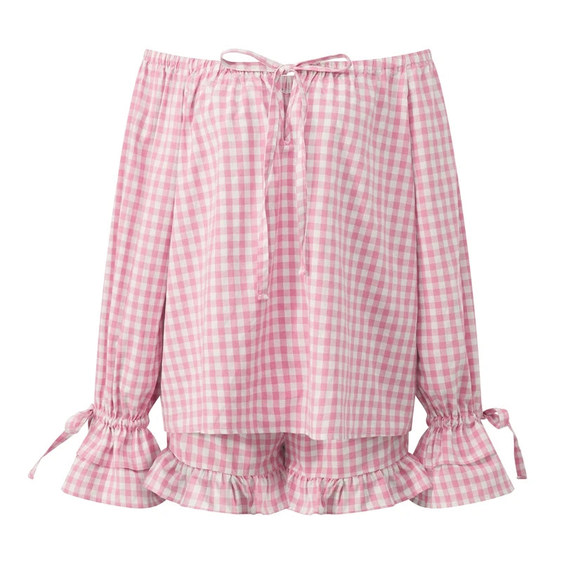 LIZAKOSHT  -  Vintage Plaid Pajama Set Elegant Lady Off Shoulder Tops + Ruffle Shorts Women 2 Piece Lounge Outfit Loose Sleepwear