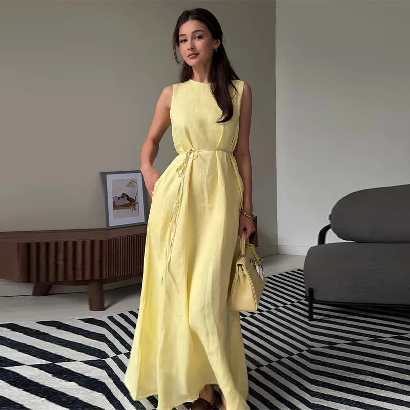 LIZAKOSHT  -  Lace Up Sleeveless Maxi Dresses Woman Cotton Linen Loose  O-neck Long Dress Ladies Casual Solid Colors Summer Office Robe