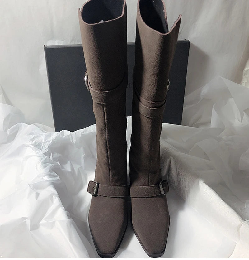 LIZAKOSHT  -  Fashion Vintage Women Western Knee High Boots Fashion Winter Belt Buckle Stripper Party Shoes Zapatos De Mujes