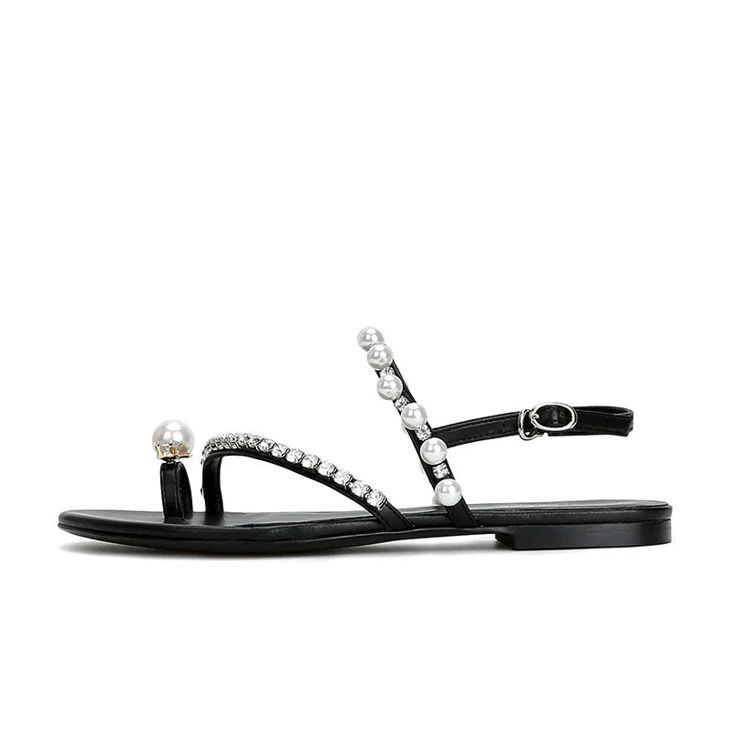LIZAKOSHT  -  new summer crystal band flat sandals women/girl's clip toe pearl rivets gladiator sandalias mujer jandal summer shoes woman