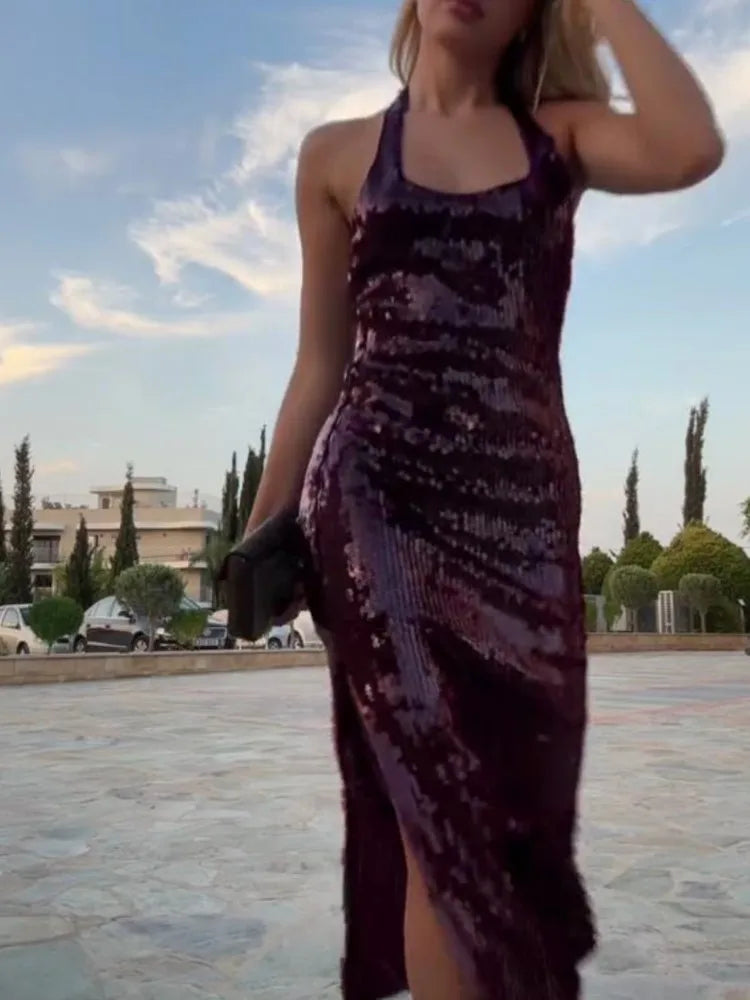 LIZAKOSHT  -  Halter Sequin Dress Party Dresses Sexy Backless Slim Fit Fashion Elegant Hanging Neck Women Beach Dress Socialite Evening Robes