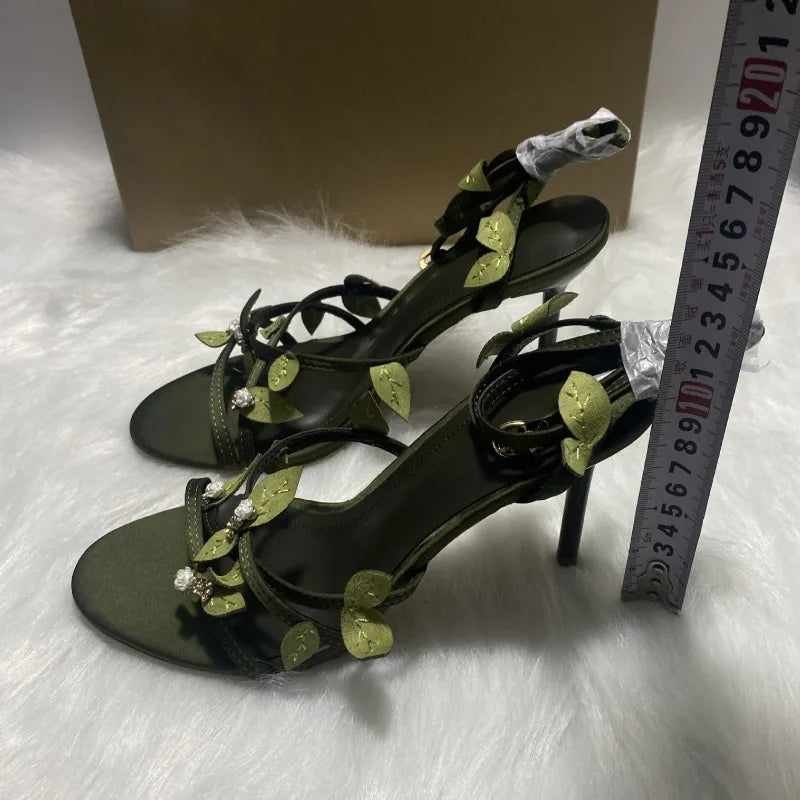 LIZAKOSHT  -  Green Leafs Narrow Band Women Gladiator Sandals Luxury Flower Evening Party Prom Stiletto Open Toe High Heels Female Dress Shoes