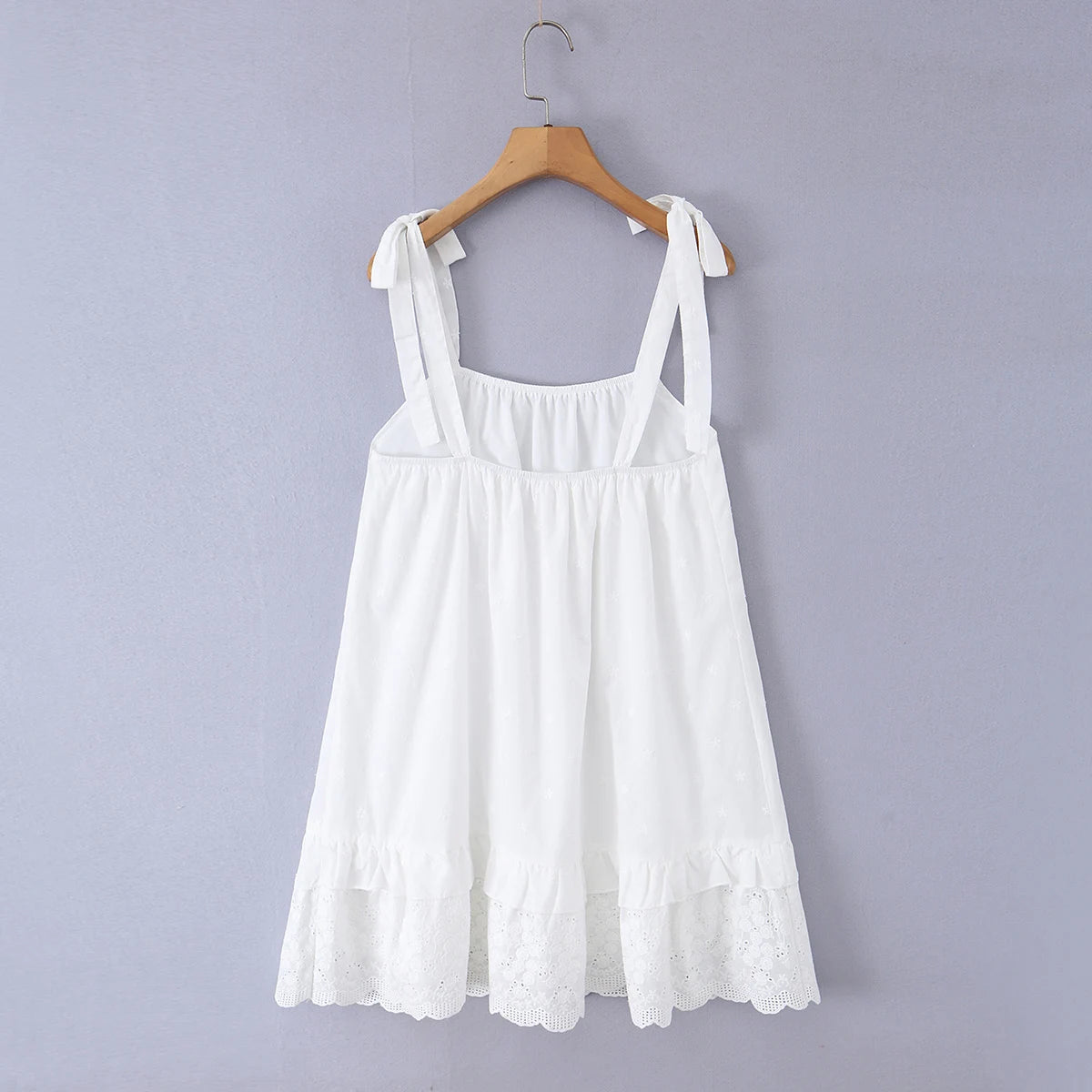 LIZAKOSHT  -  Bohemian White Embroidery Flower Tide Bow Spaghetti Strap Dress Woman Wood ears Ruffles Hem Swing Loose Swing Mini Dresses Robe