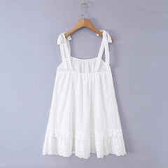 LIZAKOSHT  -  Bohemian White Embroidery Flower Tide Bow Spaghetti Strap Dress Woman Wood ears Ruffles Hem Swing Loose Swing Mini Dresses Robe