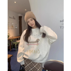 LIZAKOSHT  -  Thick Fleece Sweatshirt for Women Heavyweight Cotton Letter Print Oversize Drop-shoulder Grey Pullover Korean Chic Sweatshirts