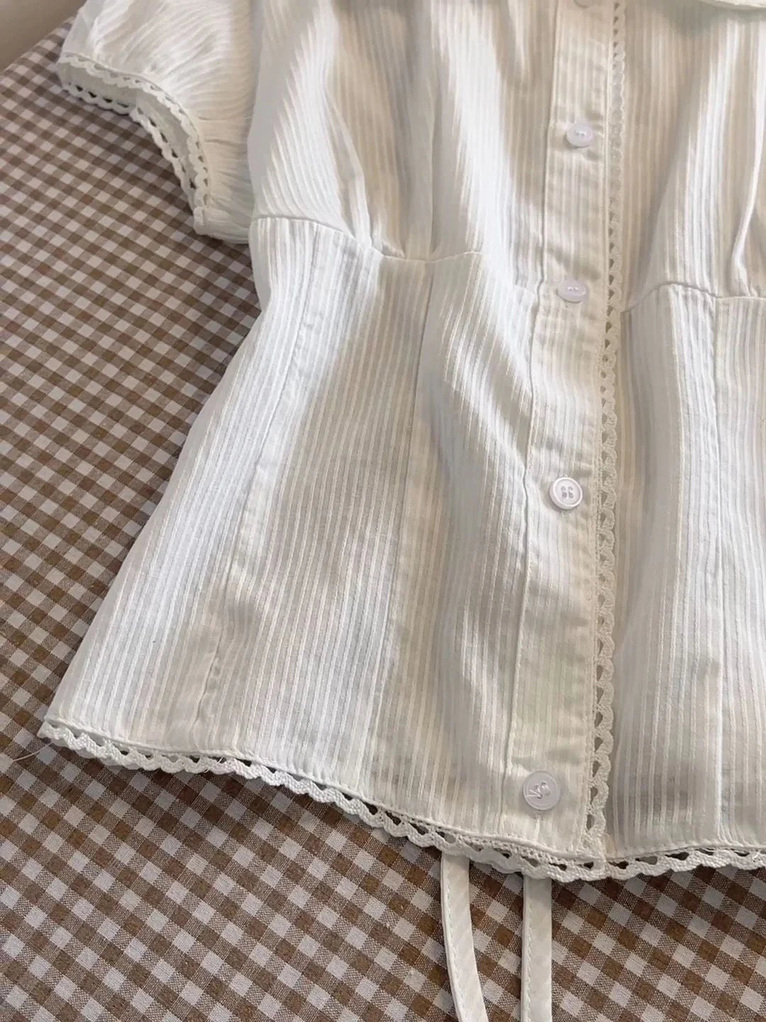 LIZAKOSHT  -  Lace Trim White Striped T-shirt Blouse Woman Summer Back Lace-up Short Puff Sleeve Shirt Vintage Sweet Slim Solid Crop Tops Y2k
