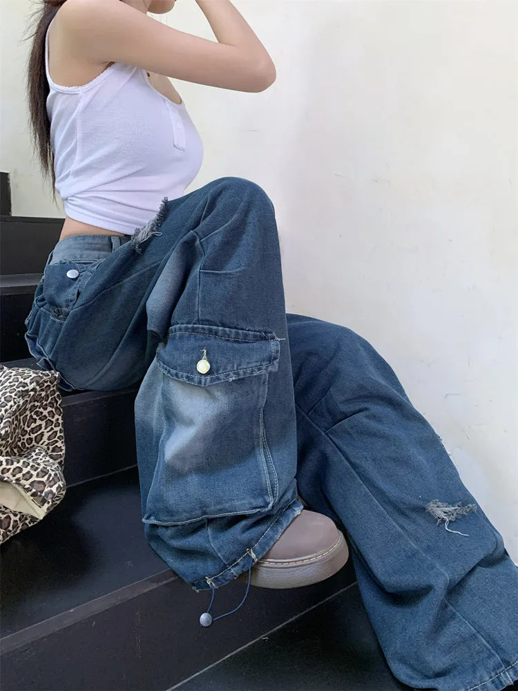 LIZAKOSHT  -  Trashy Y2K Streetwear Multi Pockets Baggy New Jeans Cargo Pants Women Clothes Wide Leg Loose Straight Lady Denim Trousers
