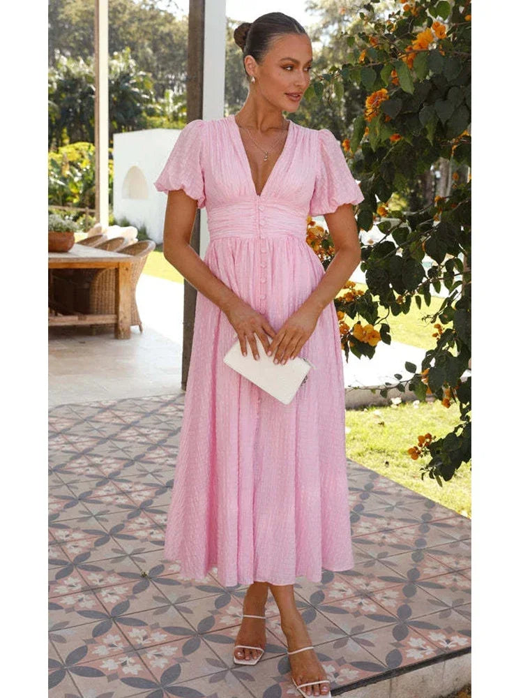 Lizakosht V-neck Yellow Puff Sleeve Split Solid Summer Women Dress 2024 A-line Maxi Long Sundress Vestido Button Beach Dress Party