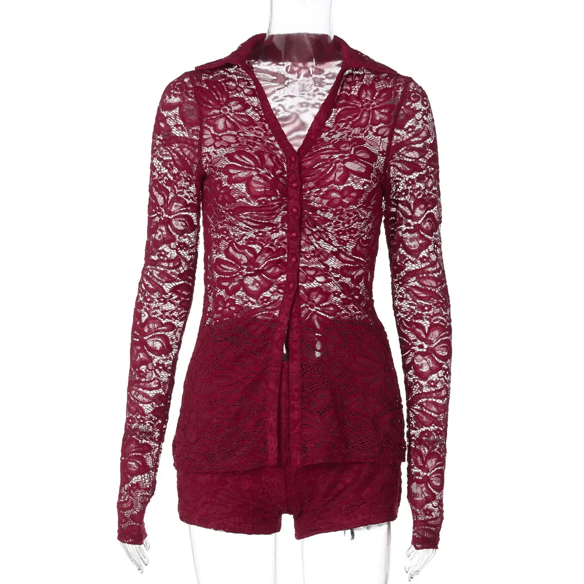 LIZAKOSHT  -  Autumn Women See Through Lace 2 Piece Set Turn Down Collar Long Sleeve Single Breasted Shirt Cardigan Top + Shorts Suit